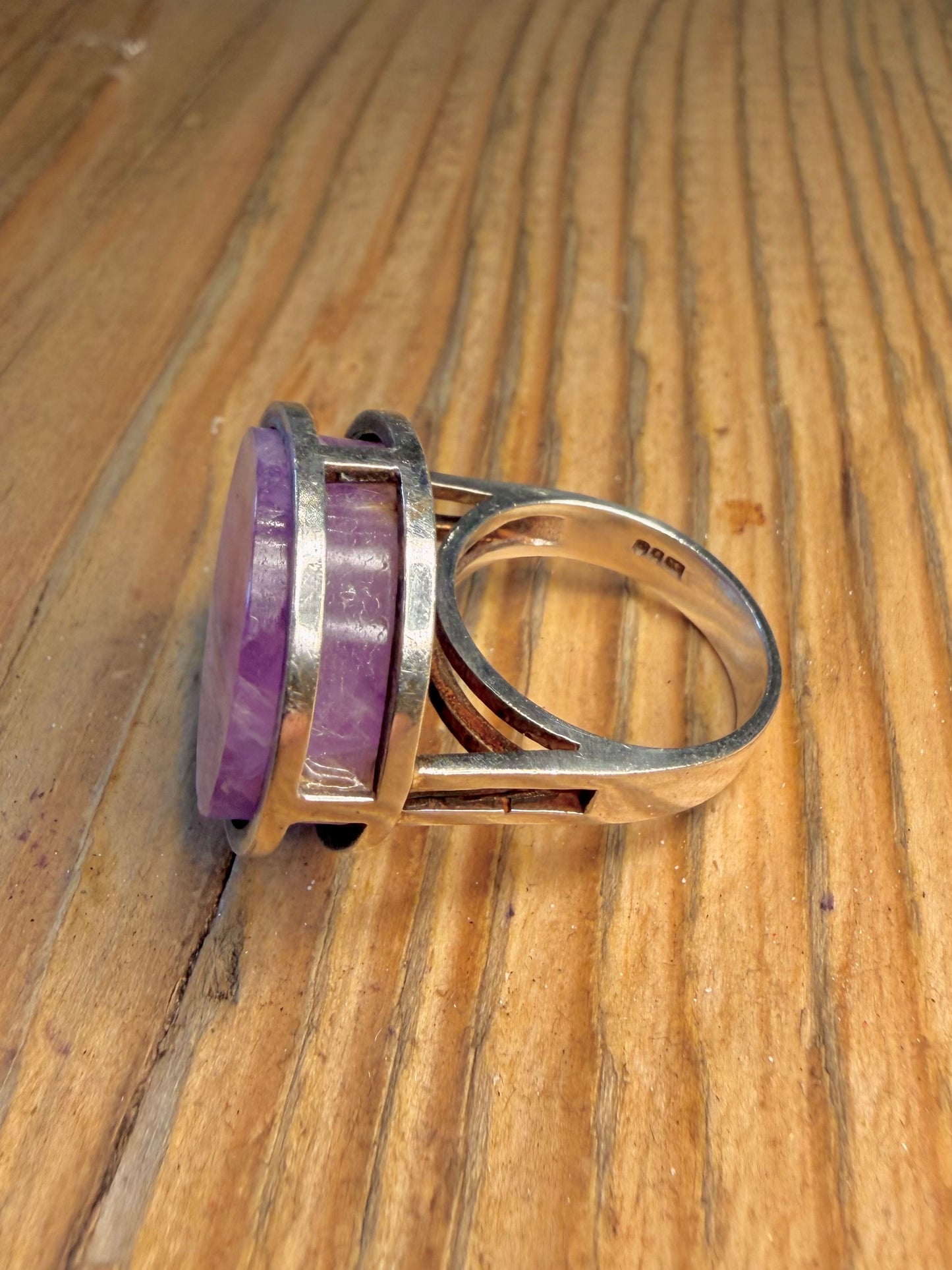 Modernist 1972 Amethyst Circle Maker MC London 925 Sterling Silver Size O1/2 Ring