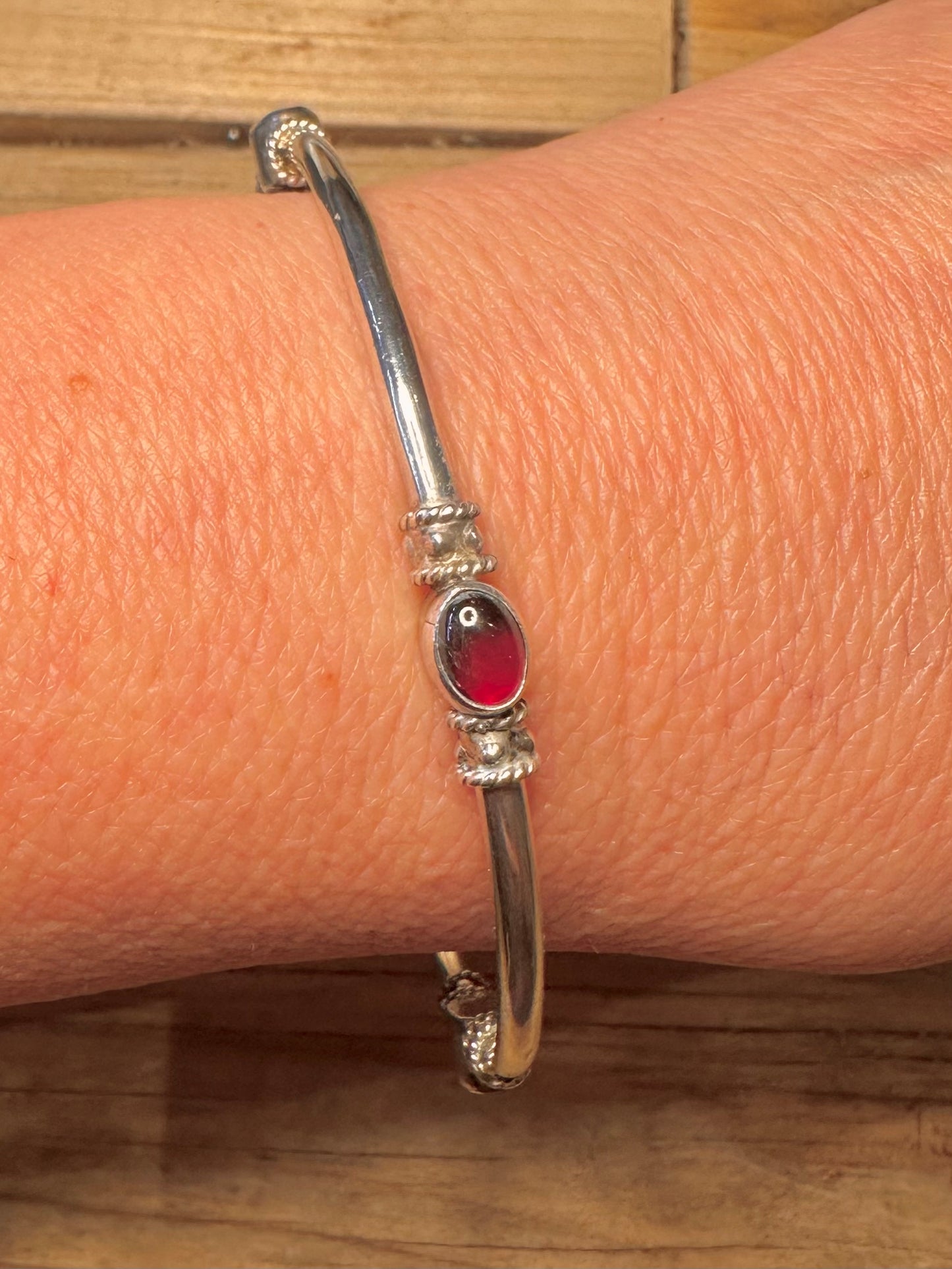 Vintage Garnet and Malachite Tribal 925 Sterling Silver Bangle