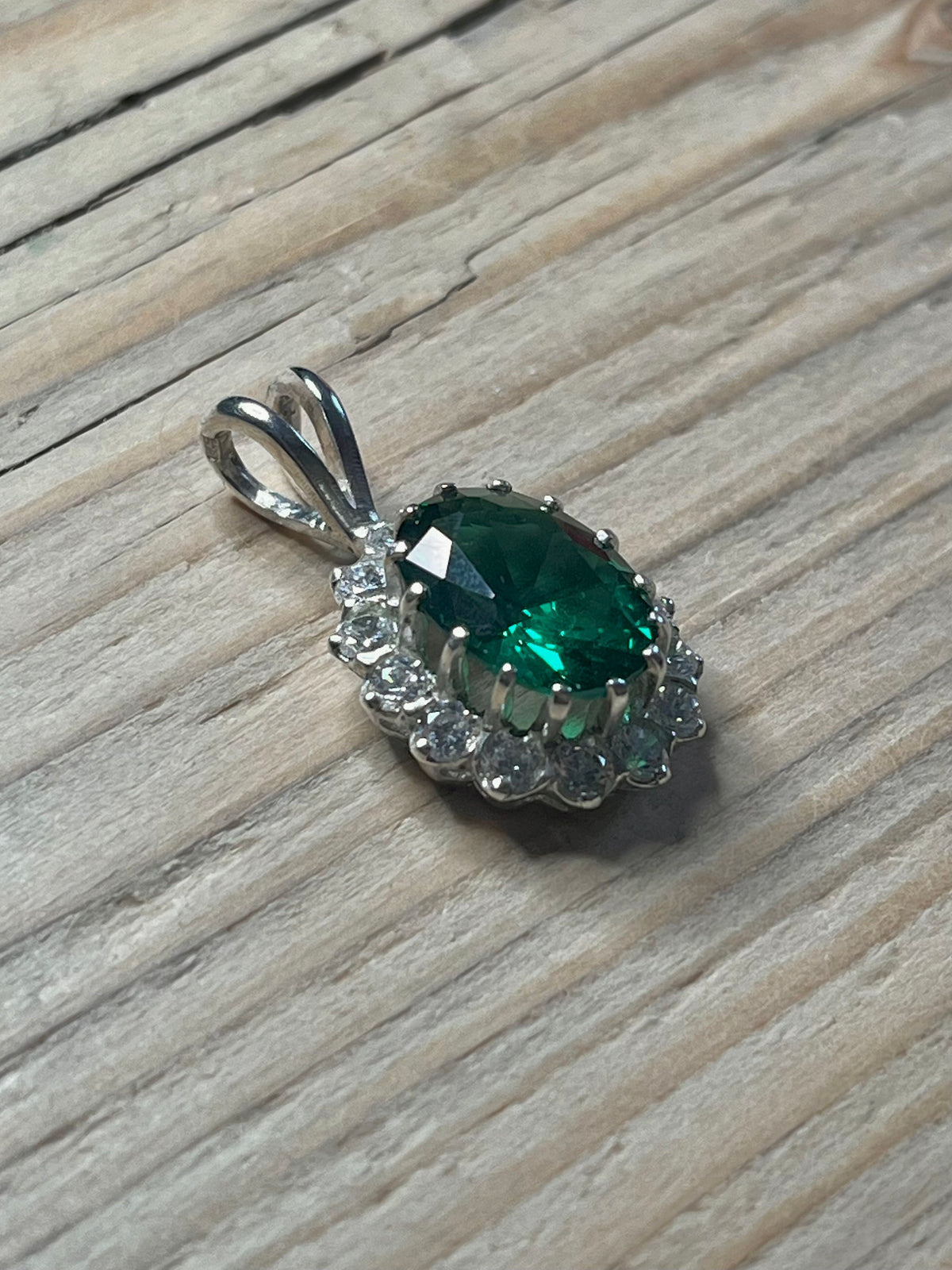 Oval Emerald Coloured Gemstone and White Stone 925 Sterling Silver Pendant
