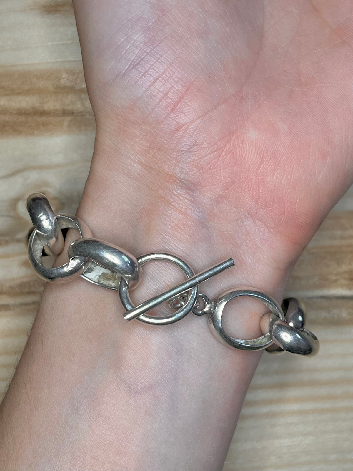 Chunky Round Link T-Bar Toggle 925 Sterling Silver 8.2 inch Bracelet