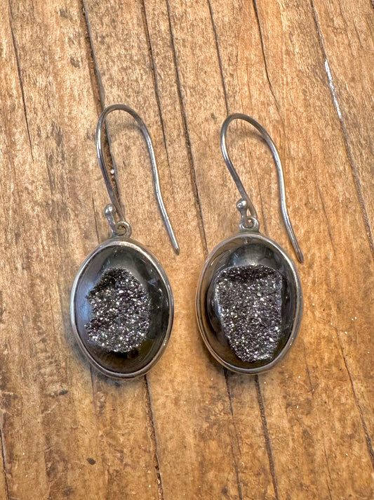 Black Druzy Quarts Oval Maker Starborn 925 Sterling Silver Earrings