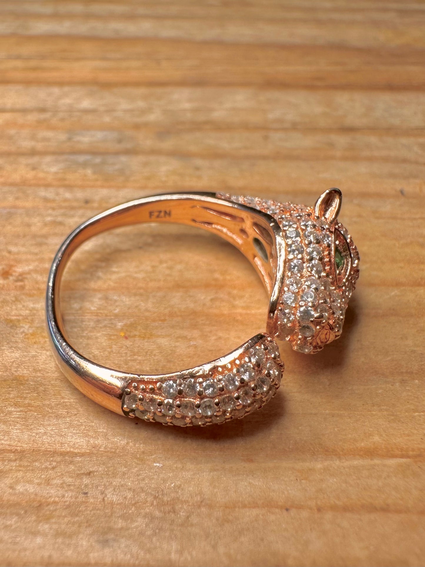 Modern Panther White and Green Stone Rose Gold Toned 925 Sterling Silver Size Q Ring