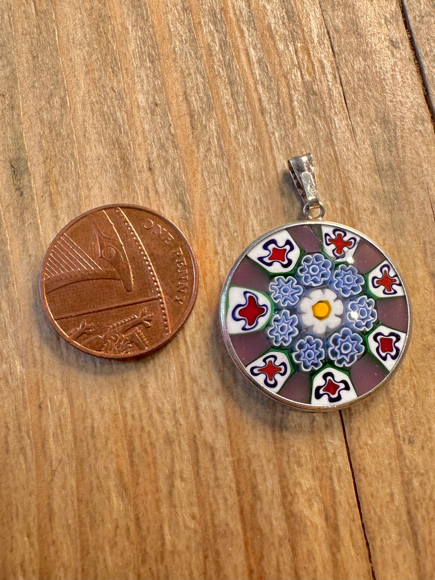 Vintage Murano Glass Millefiori 925 Sterling Silver Pendant