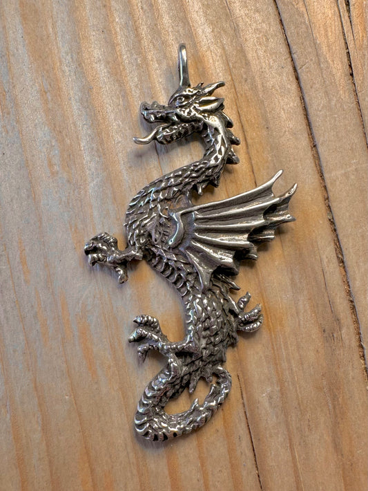 Vintage Large Textured Dragon 925 Silver Pendant
