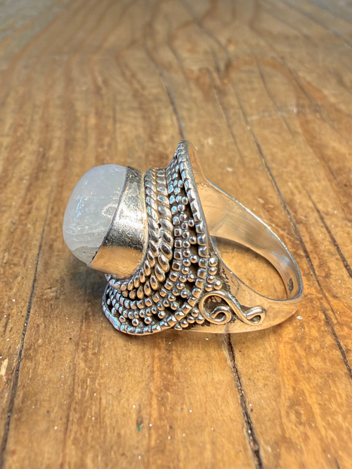 Rainbow Moonstone Braided Textured 925 Sterling Silver Size N Ring