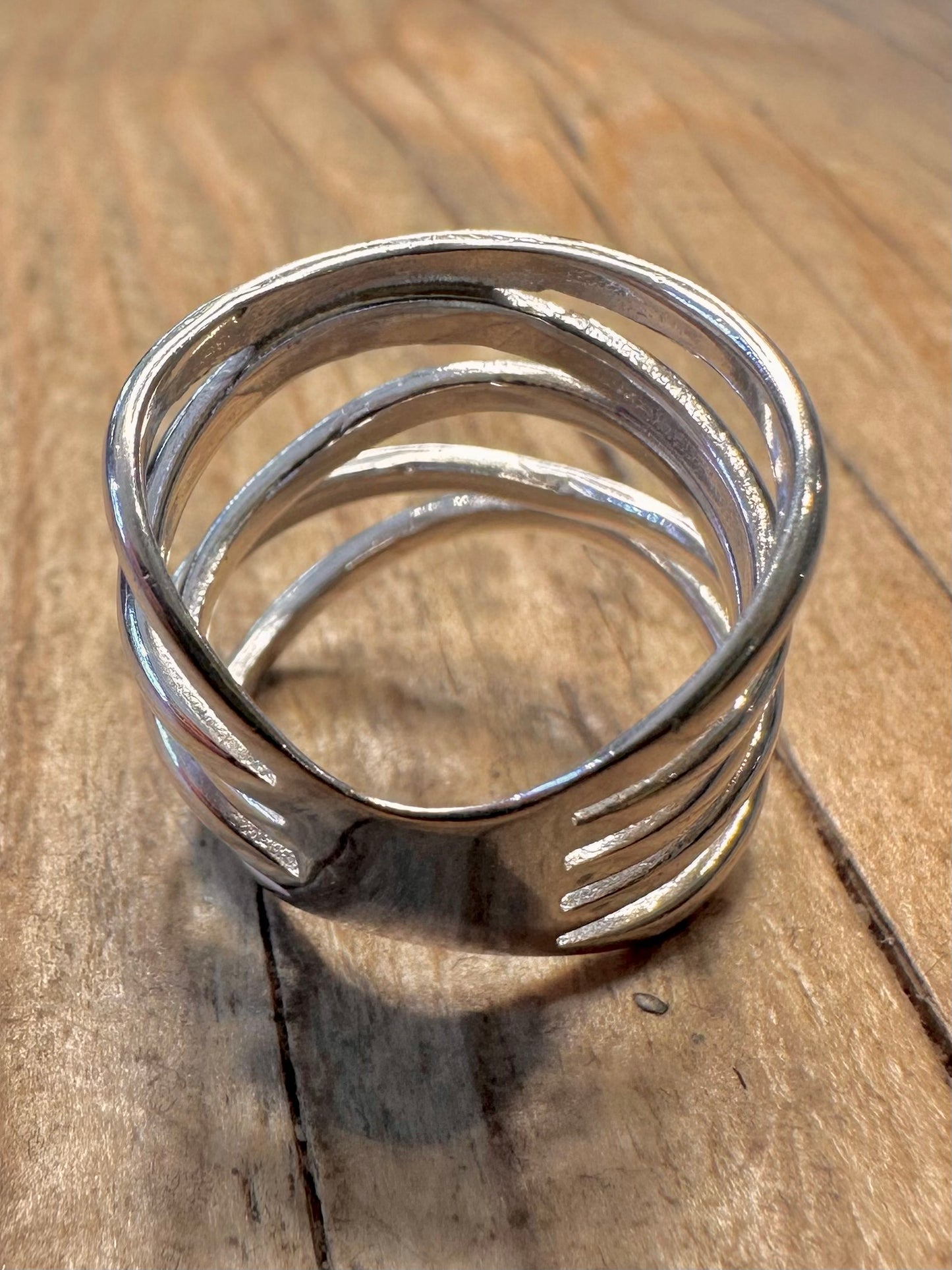 Abstract Multi Layer Long 925 Sterling Silver Size N Ring