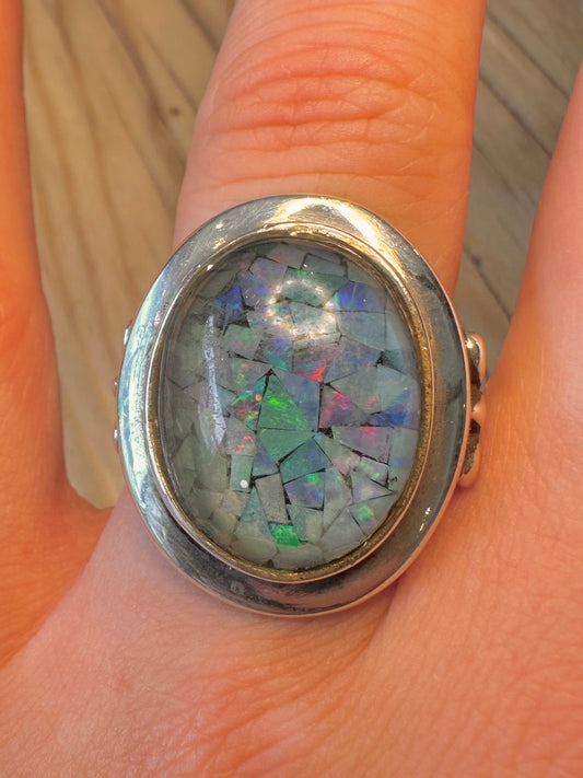 Vintage Mosaic Opal Oval 925 Silver Size R1/2 Ring