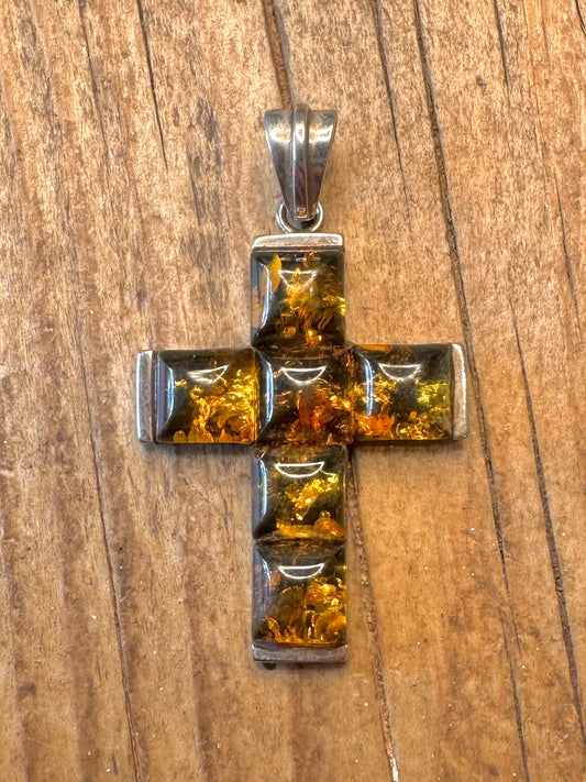 Baltic Amber Cross 925 Sterling Silver Pendant