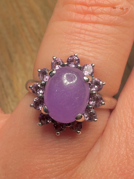 Modern Lavender Jadeite and Amethyst 925 Sterling Silver Size P1/2 Ring