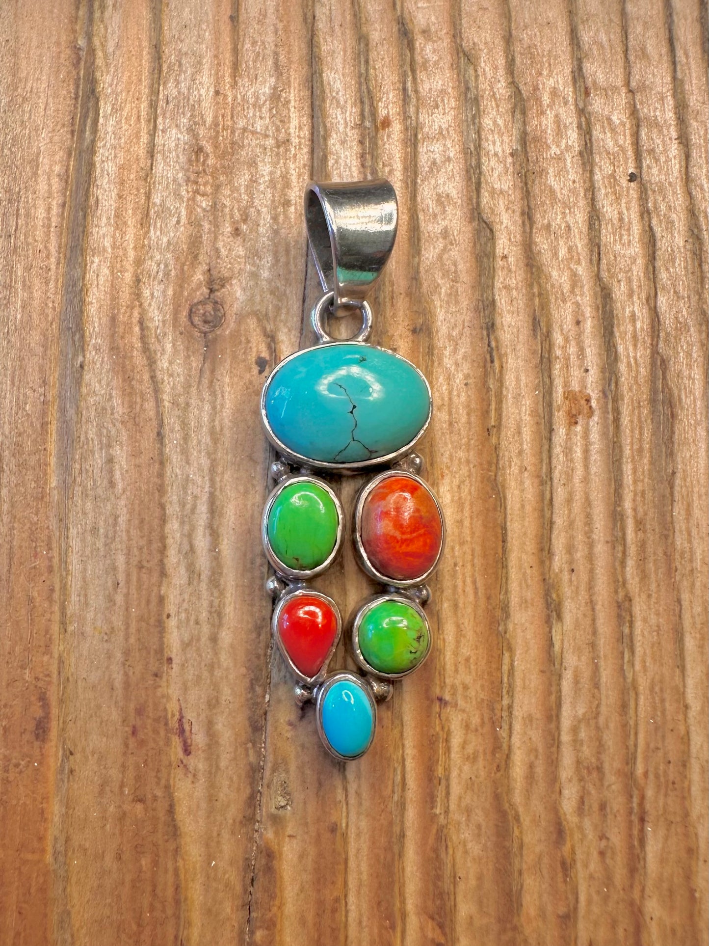 Turquoise and Coral Cluster 925 Sterling Silver Pendant