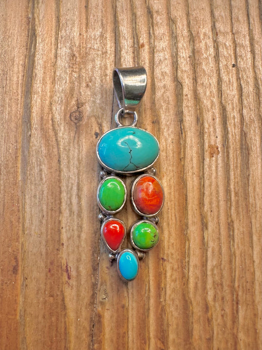 Turquoise and Coral Cluster 925 Sterling Silver Pendant