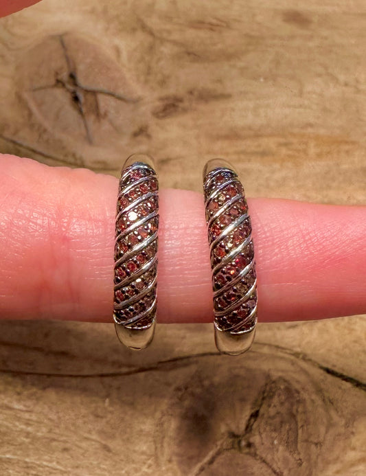 Modernist Red Stones Hoops 925 Silver Earrings
