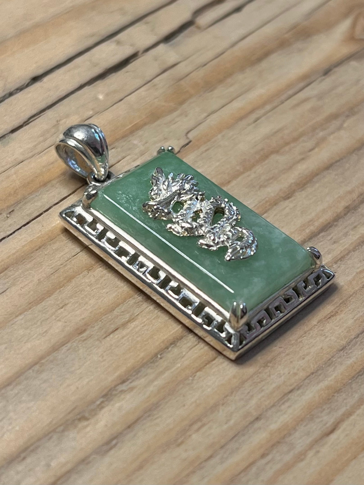 Rectangular Jade Dragon 925 Sterling Silver Pendant