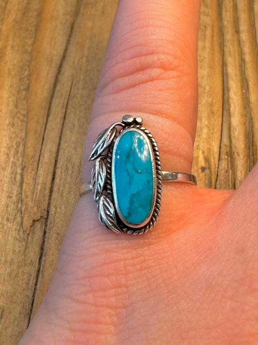 Navajo Style Turquoise Leaf 925 Sterling Silver Size N Ring