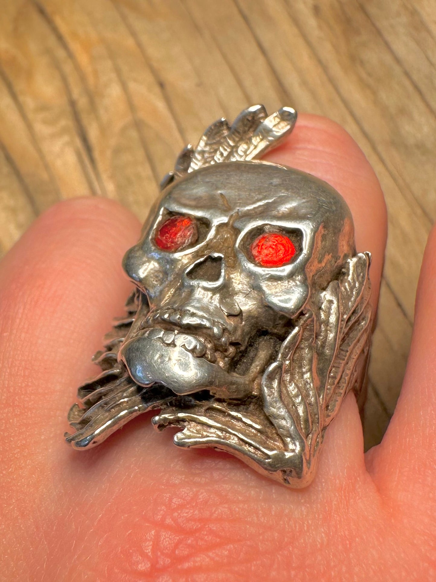 Vintage Large Skull Wing Red Stone Eyes 925 Sterling Silver Size V1/2 Ring