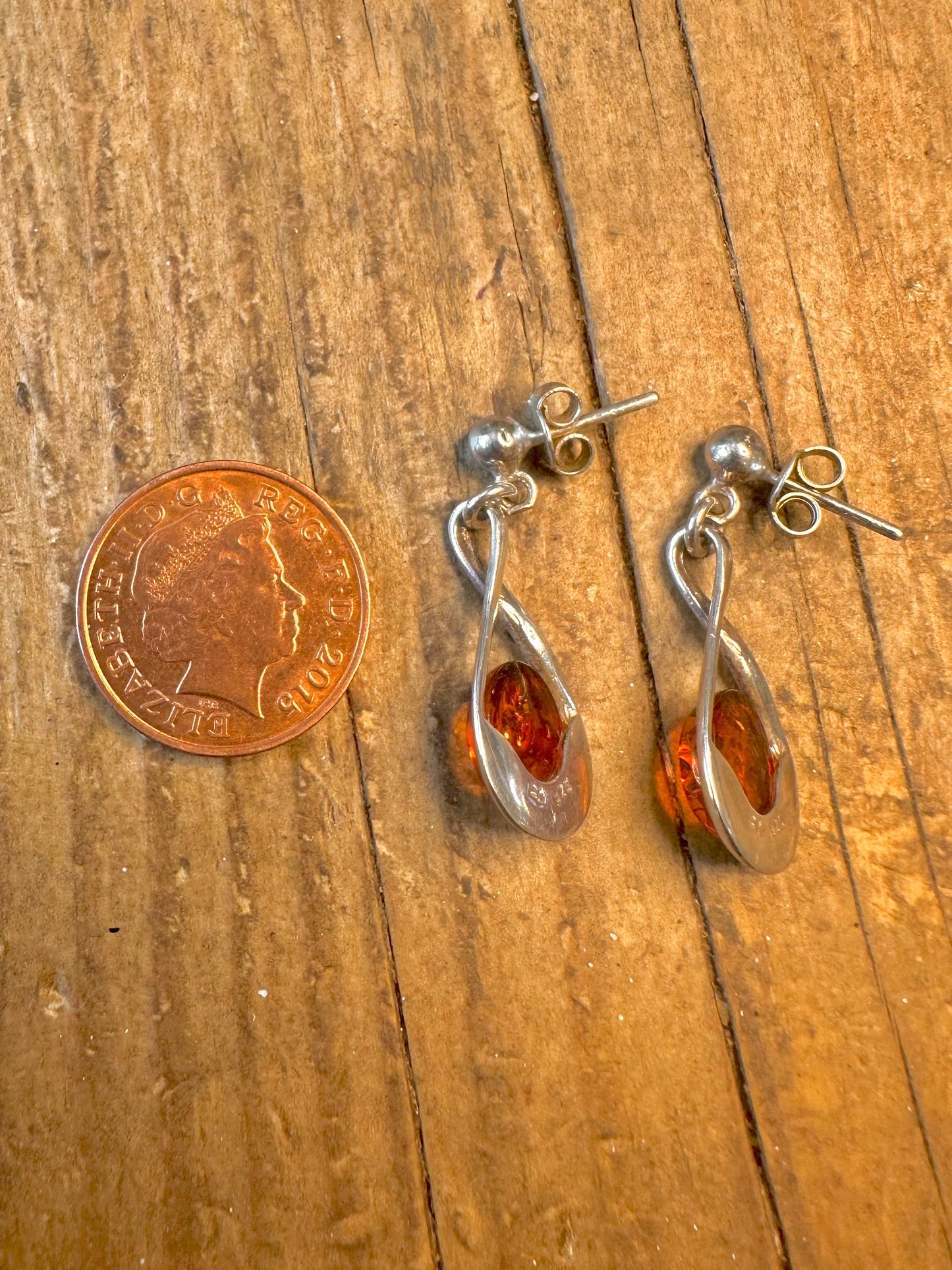 Modernist Amber Drop 925 Sterling Silver Earrings