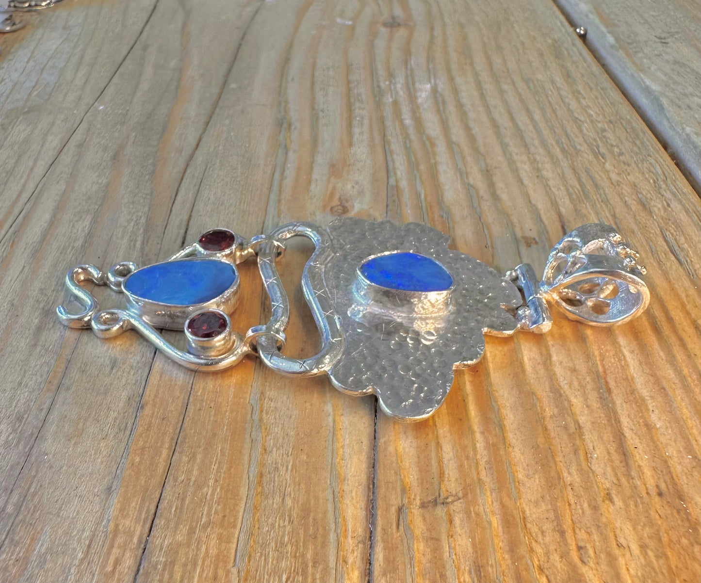 Blue Opal Hammered Red Stones 925 Sterling Silver Pendant