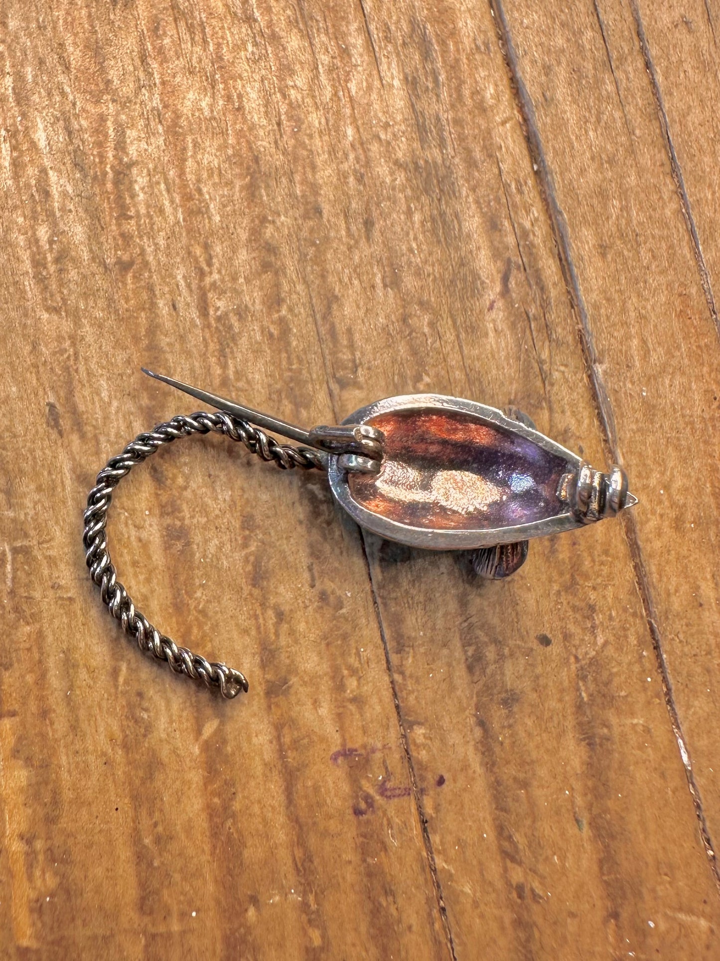Mouse Marcasite and Red Stone Woven Tail 925 Sterling Silver Brooch