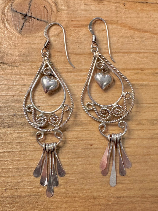Vintage Filigree Heart Dangle 925 Silver Earrings