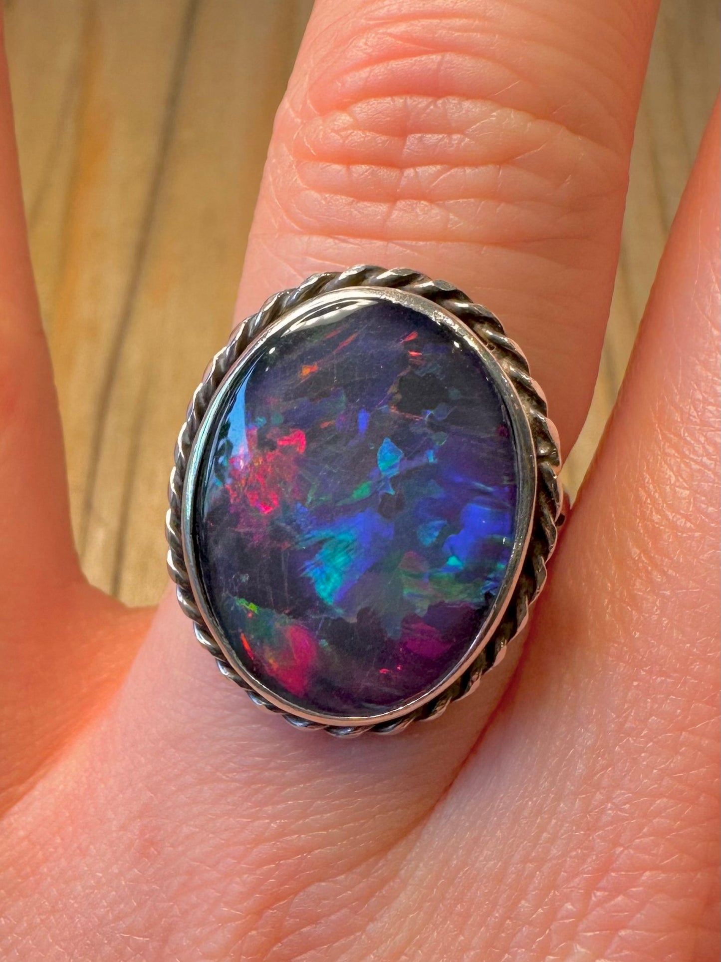 Vintage Large Blue Simulated Opal 925 Sterling Silver Size Q Ring