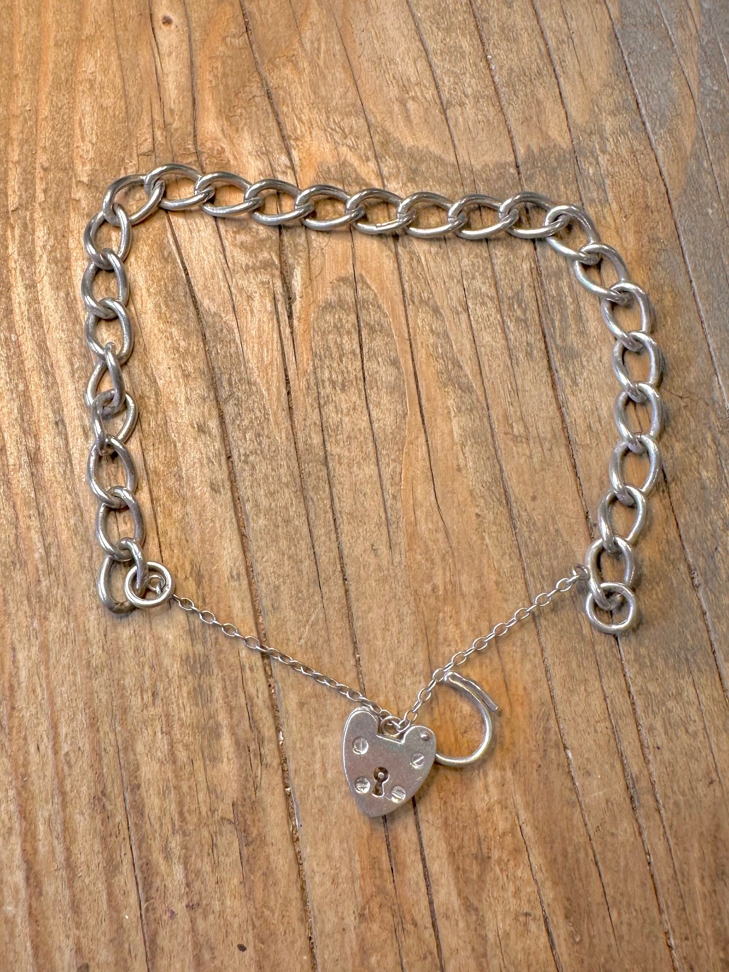 Herz-Vorhängeschloss 1975 Panzerkette mit Sicherheitskette 925 Sterling Silber 17,78 cm Armband