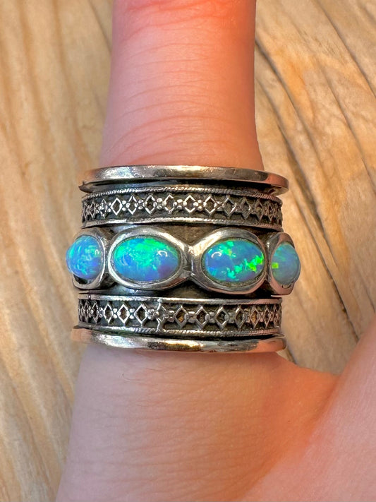 Vintage Opal Spinner Gold Plated Edge and 925 Silver Size L Ring