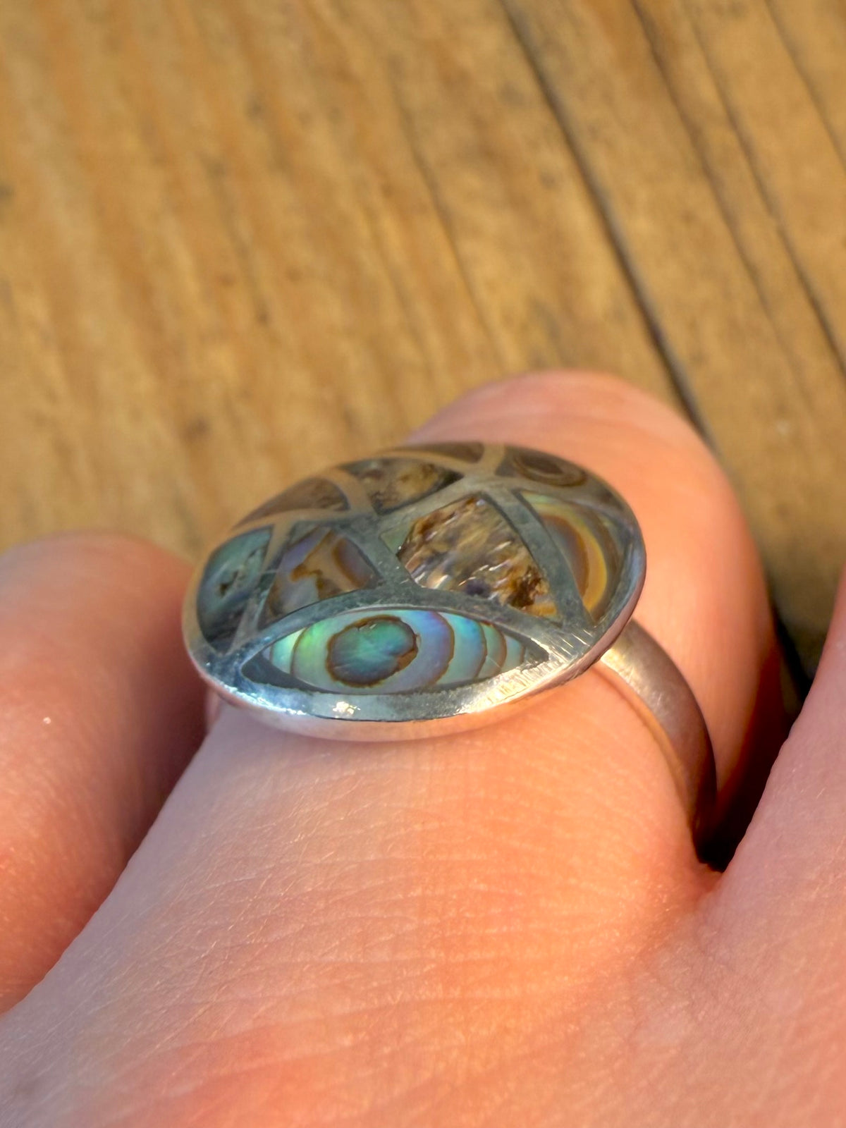 Abalone Inlay Circle 925 Sterling Silver Size R Ring