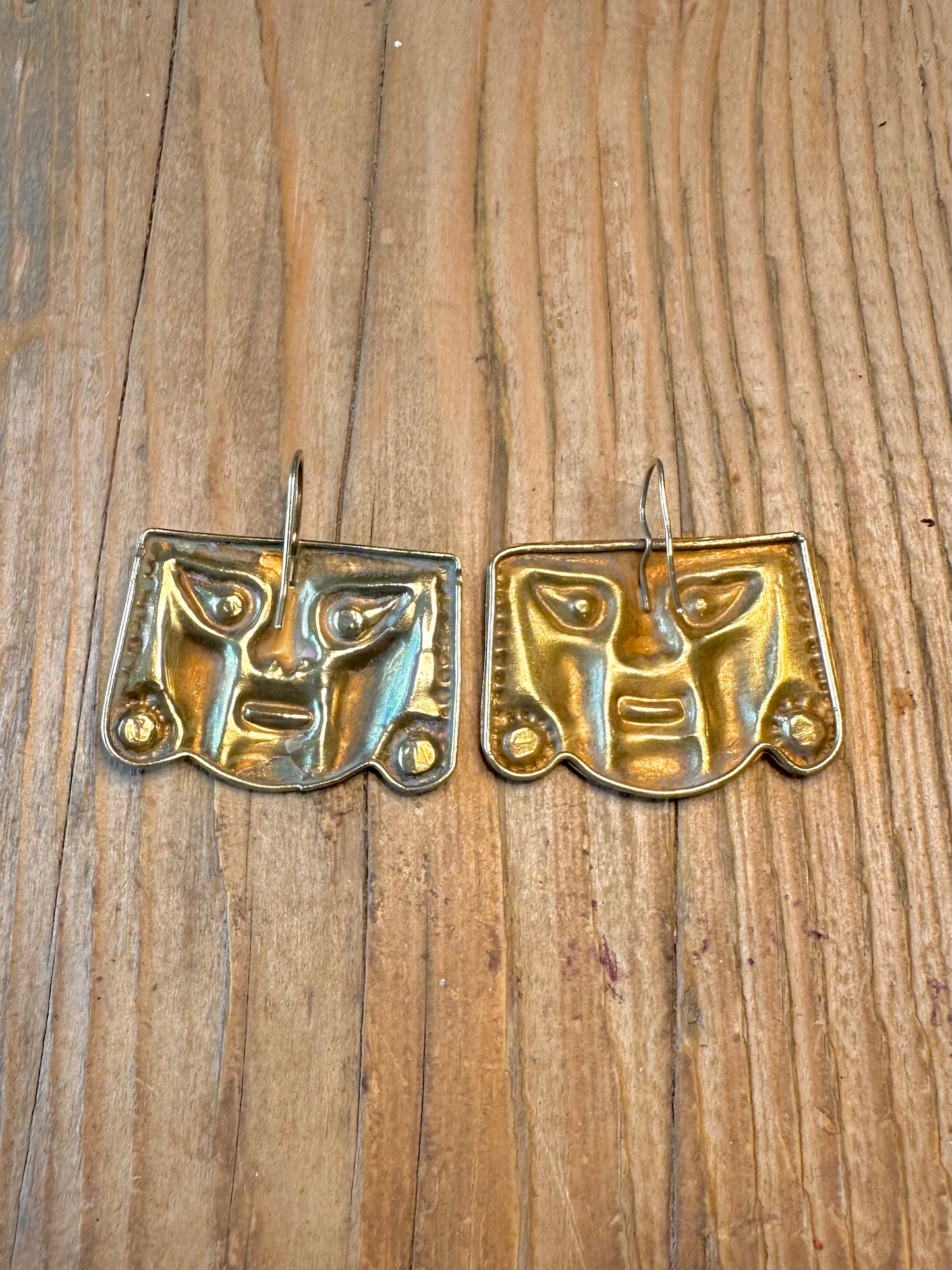 Peruvian Coral Mask Style Gold Toned Brass Earrings