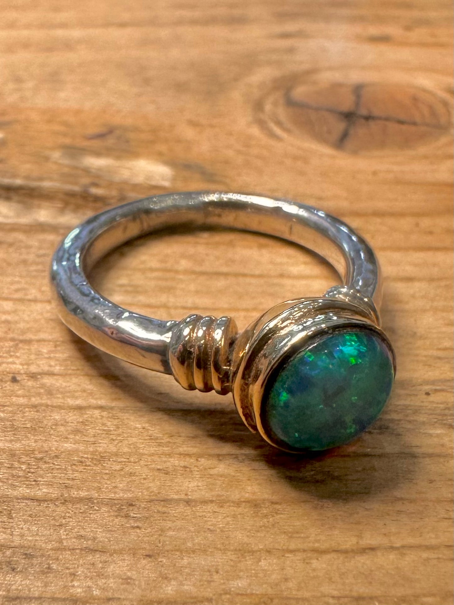 Modernist Opal Gold and 925 Silver Size Q Ring