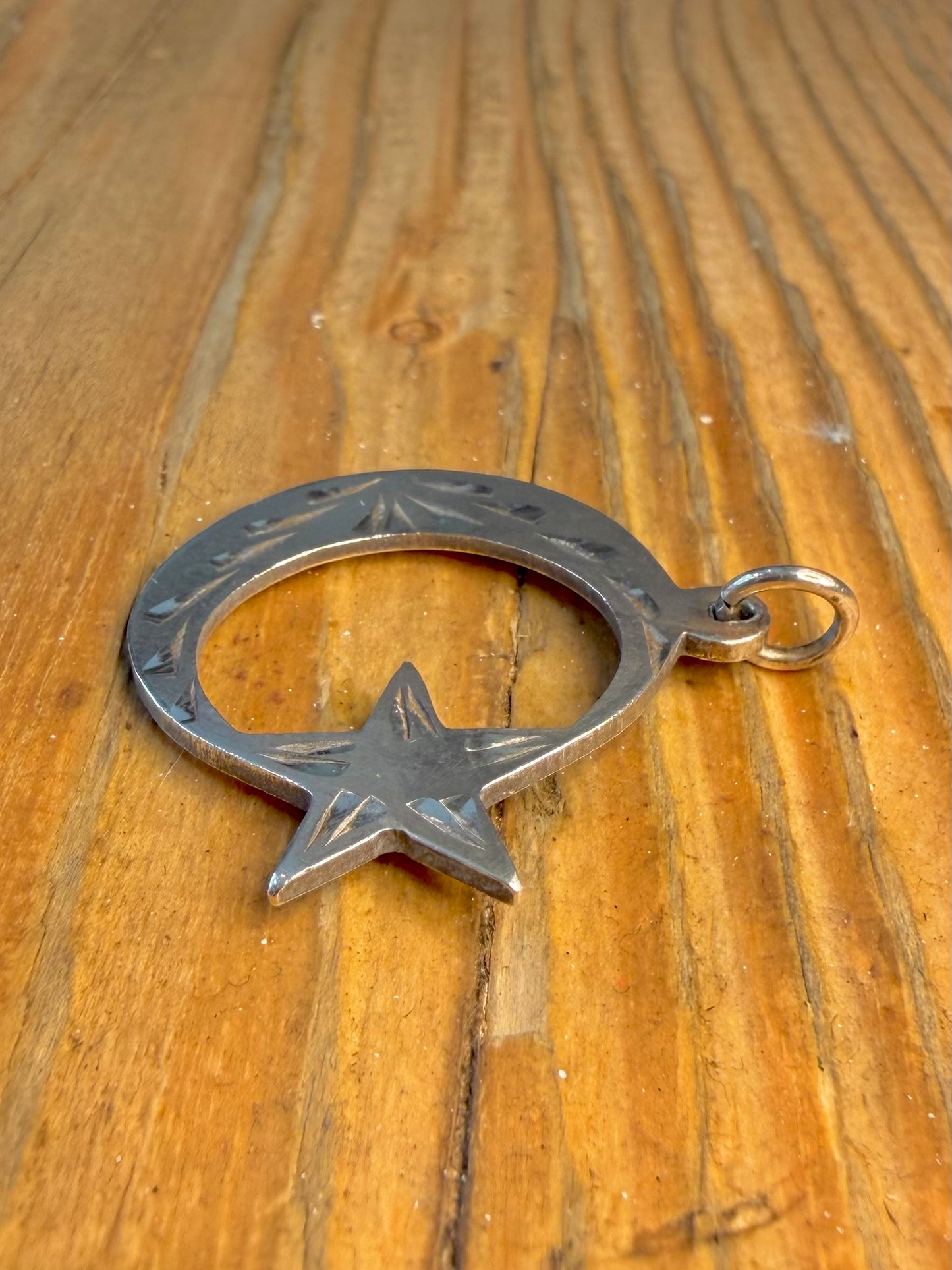 Crescent Moon and Star Engraved 925 Sterling Silver Pendant