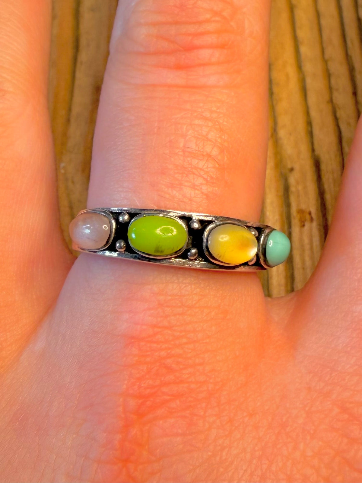 Multi Stone Cabochon Turquoise Mother of Pearl 925 Sterling Silver Size U Ring