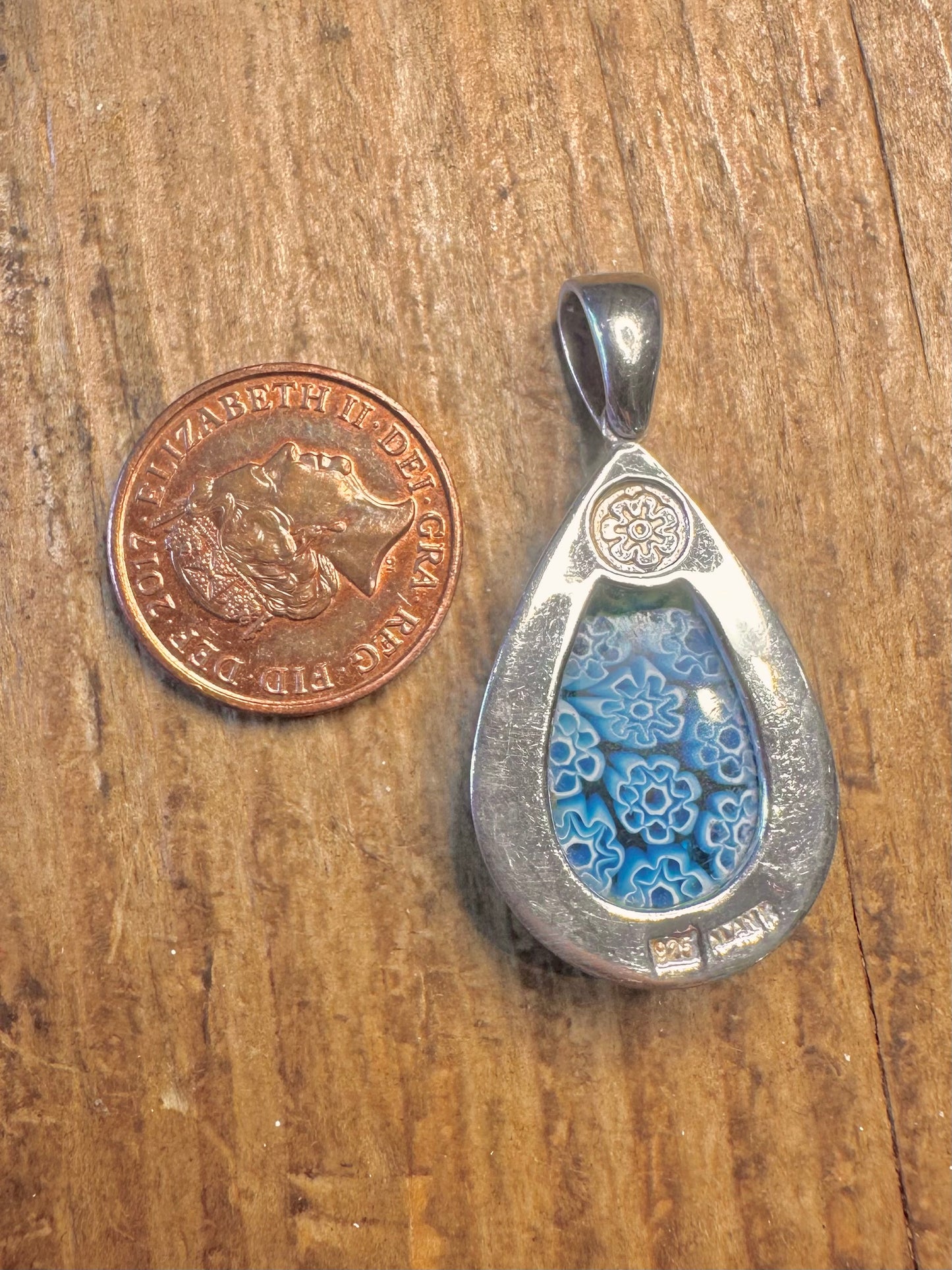 Blue Millefiori Tear Drop 925 Sterling Silver Pendant
