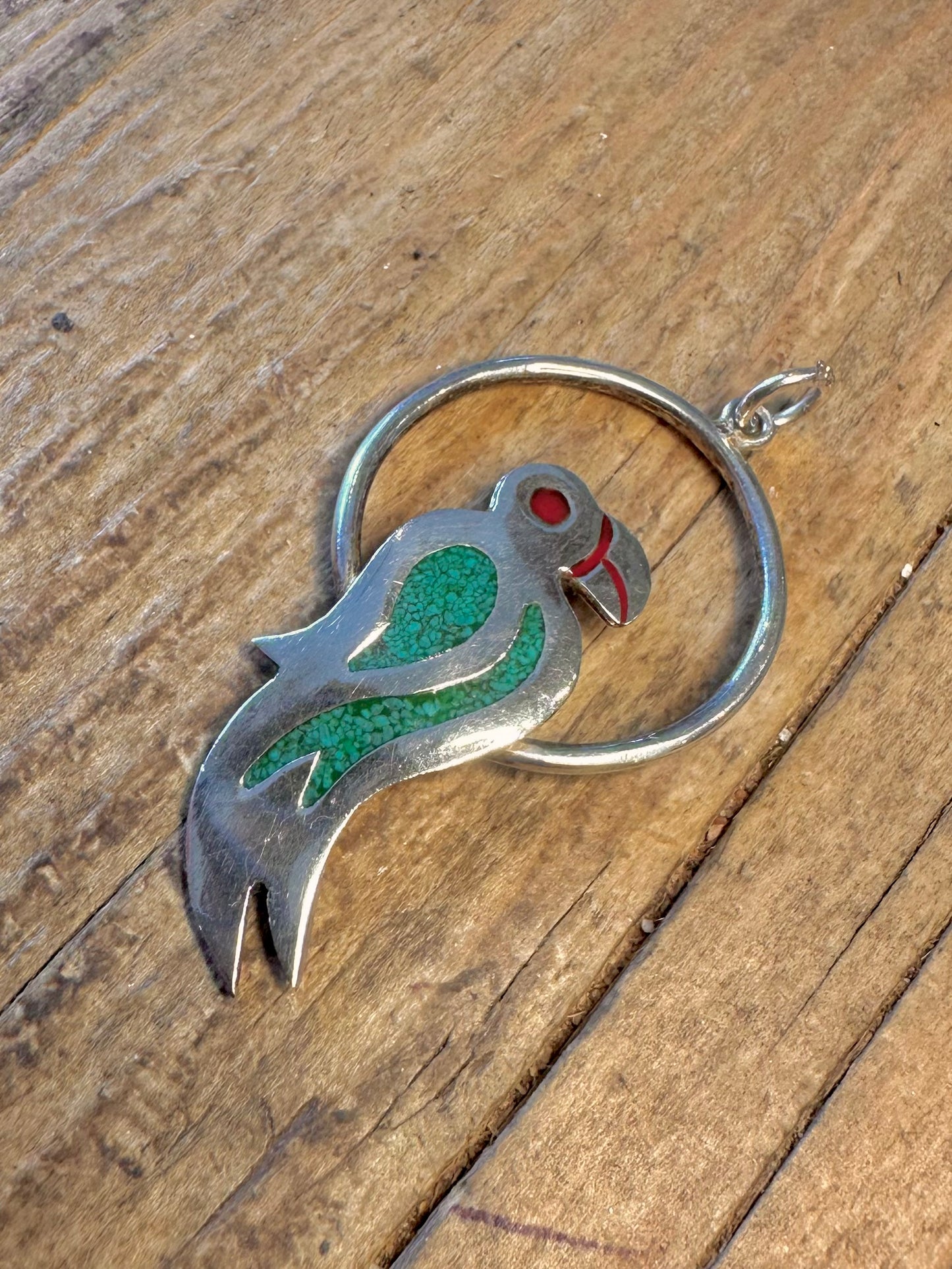 Parrot Turquoise Inlay Alpaca Silver Mexico Pendant