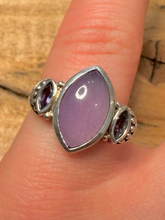 Modernist Lavender Jade and Amethyst 925 Silver Size O1/2 Ring