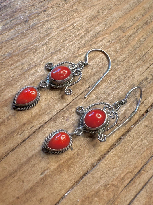 Filigree Red Stone Dangle 925 Sterling Silver Earrings
