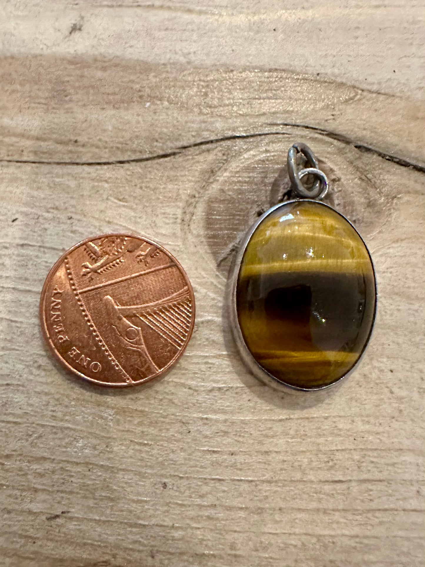 Vintage Oval Large Tigers Eye 925 Silver Pendant