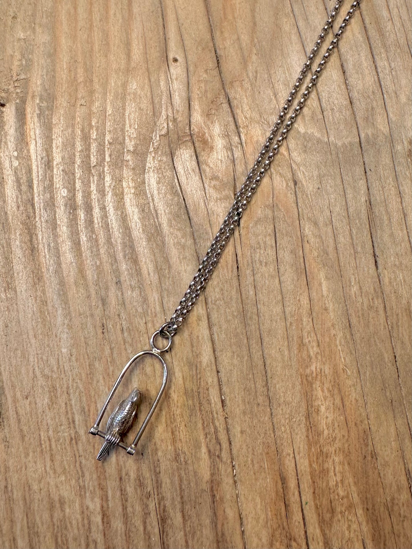 Vintage Vogel auf Stange schwingend Belcher Kette 925 Sterling Silber 47,8 cm Halskette