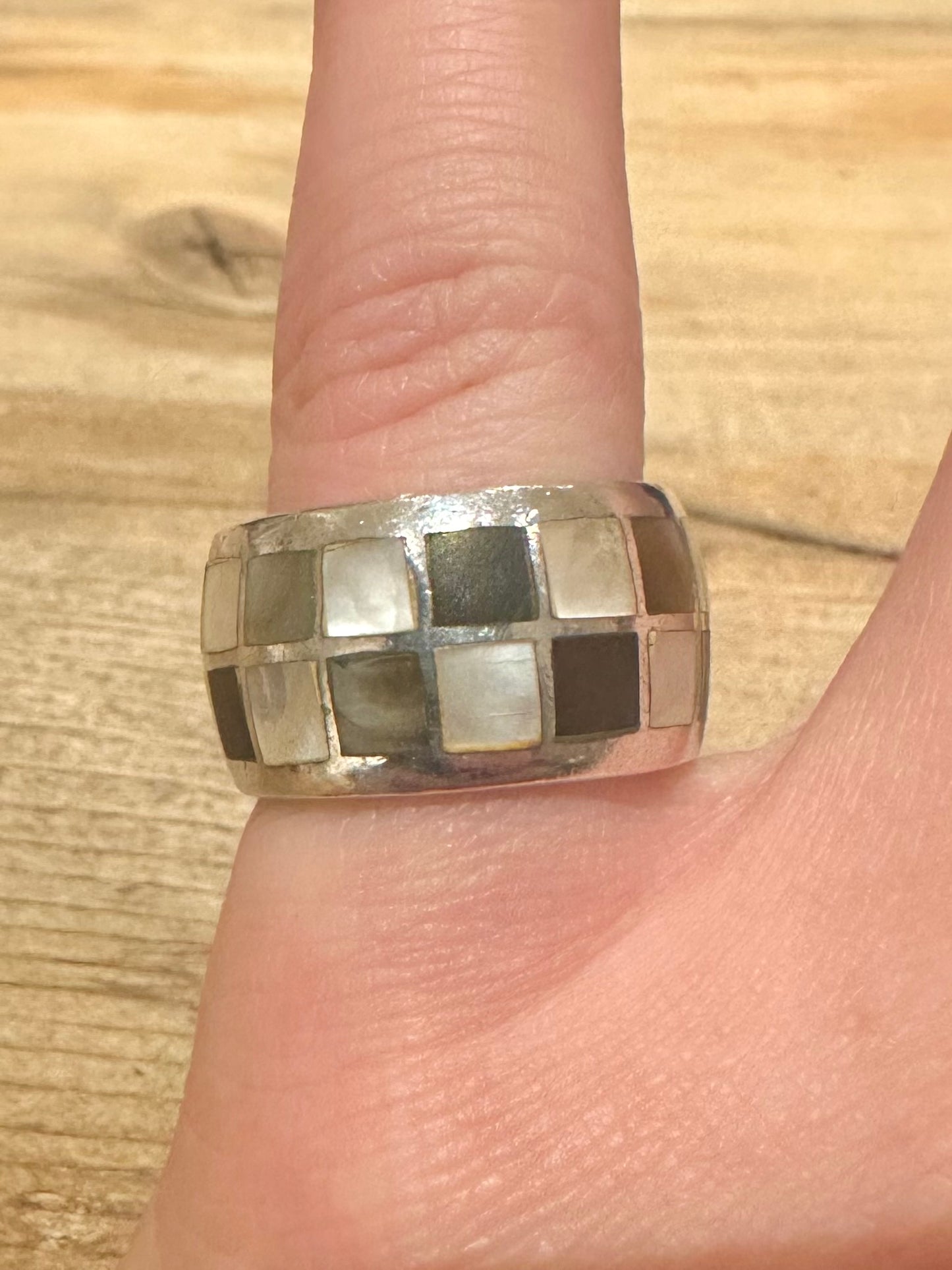 Vintage Mother of Pearl and Abalone Squares Band 925 Size N Ring