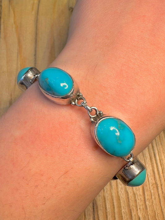 Vintage Turquoise Oval Link 925 Sterling Silver 8.5 Inch Bracelet