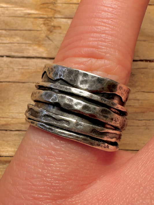 Vintage Hammered Band Spinner 925 Sterling Silver Size P Ring