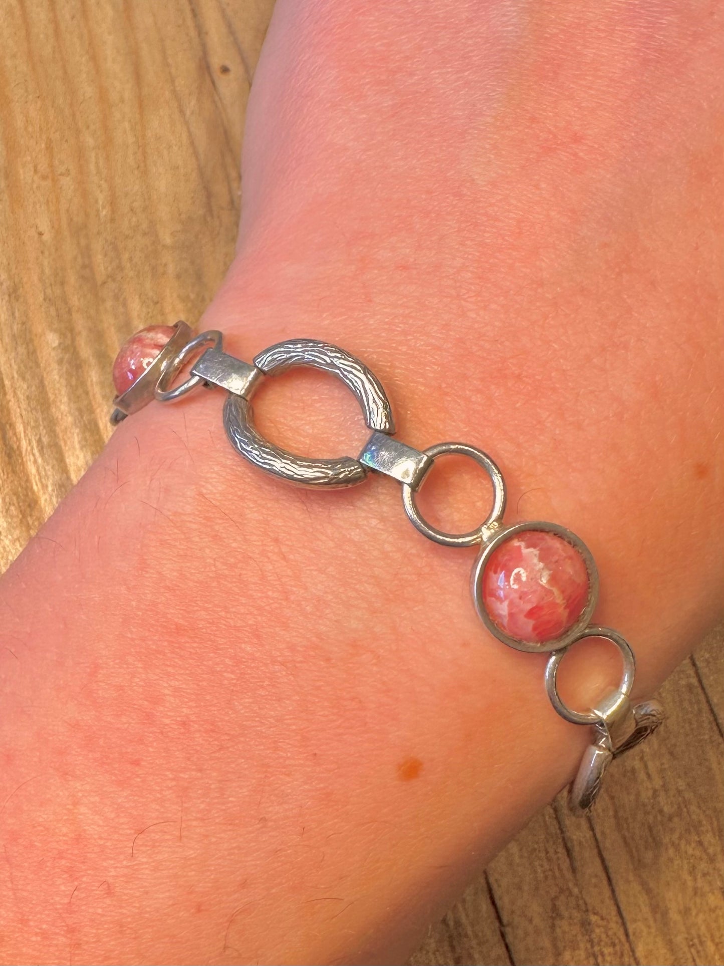 Abstract Rhodochrosite Oval Links 925 Sterling Silver 7.5 inch Bracelet