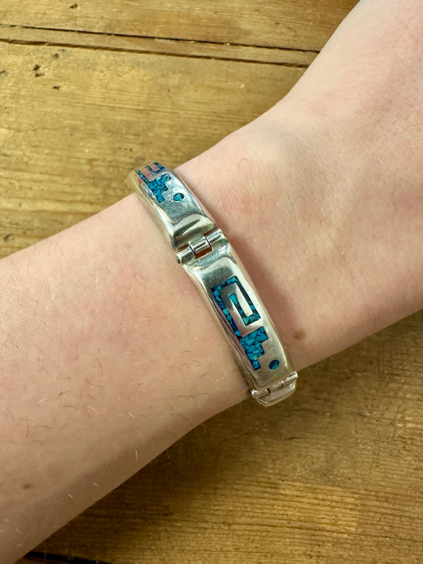 Vintage Turquoise Inlay Mexico 925 Silver 6.5 inch Bracelet