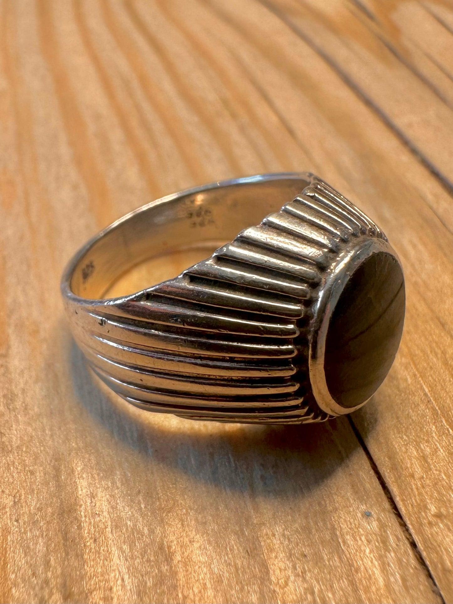 Vintage Onyx Textured Signet 925 Silver Size O Ring