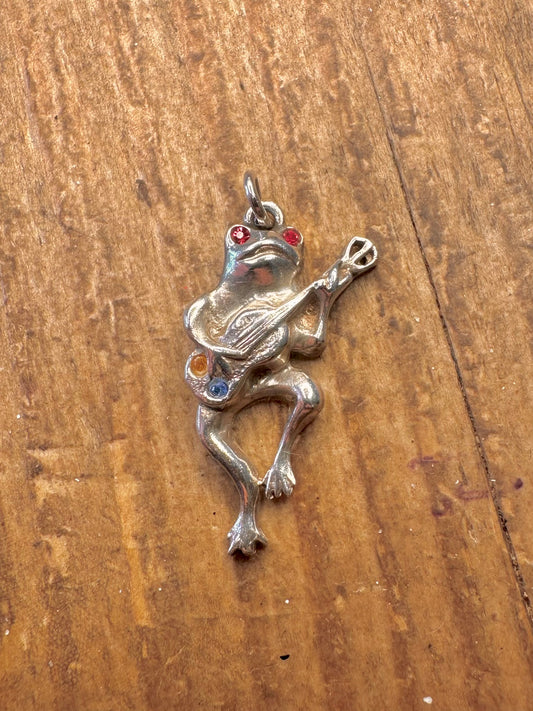 Frog Guitarist Coloured Stones 925 Sterling Silver Pendant