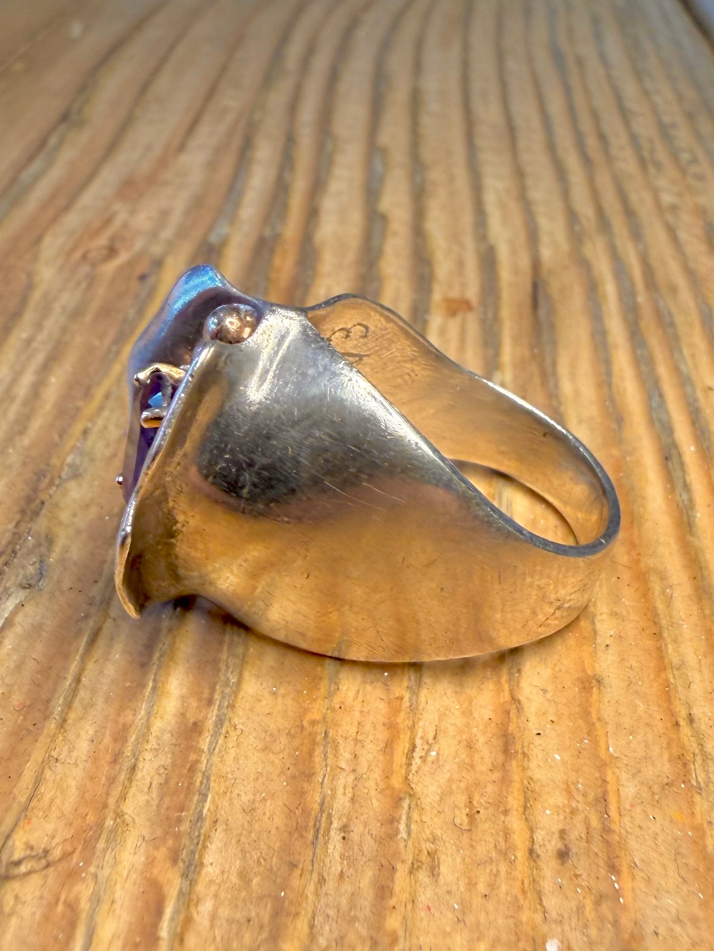 Abstract Handmade Amethyst and 14ct Gold Balls Maker JG 925 Sterling Silver Size M1/2 Ring