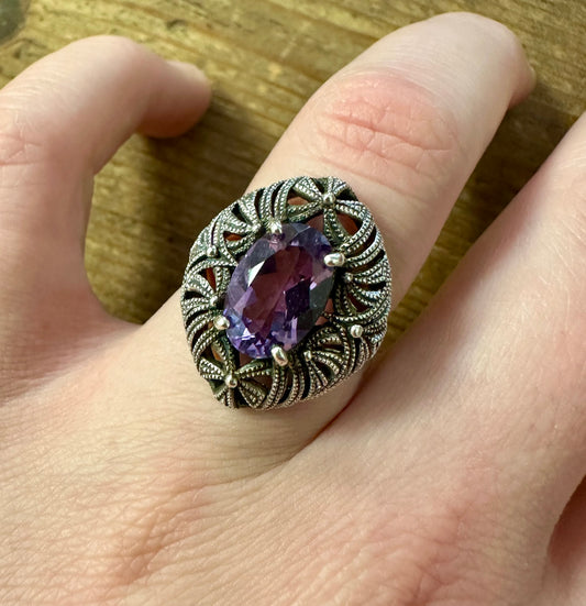 Vintage Amethyst Ornate 925 Silver Size Q Ring