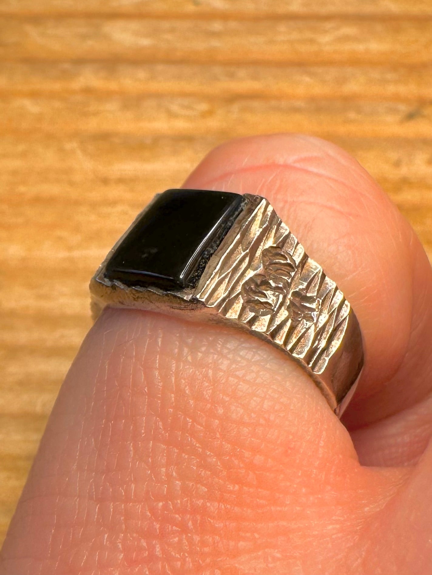 Vintage Onyx Textured Signet 925 Sterling Silver Size K Ring