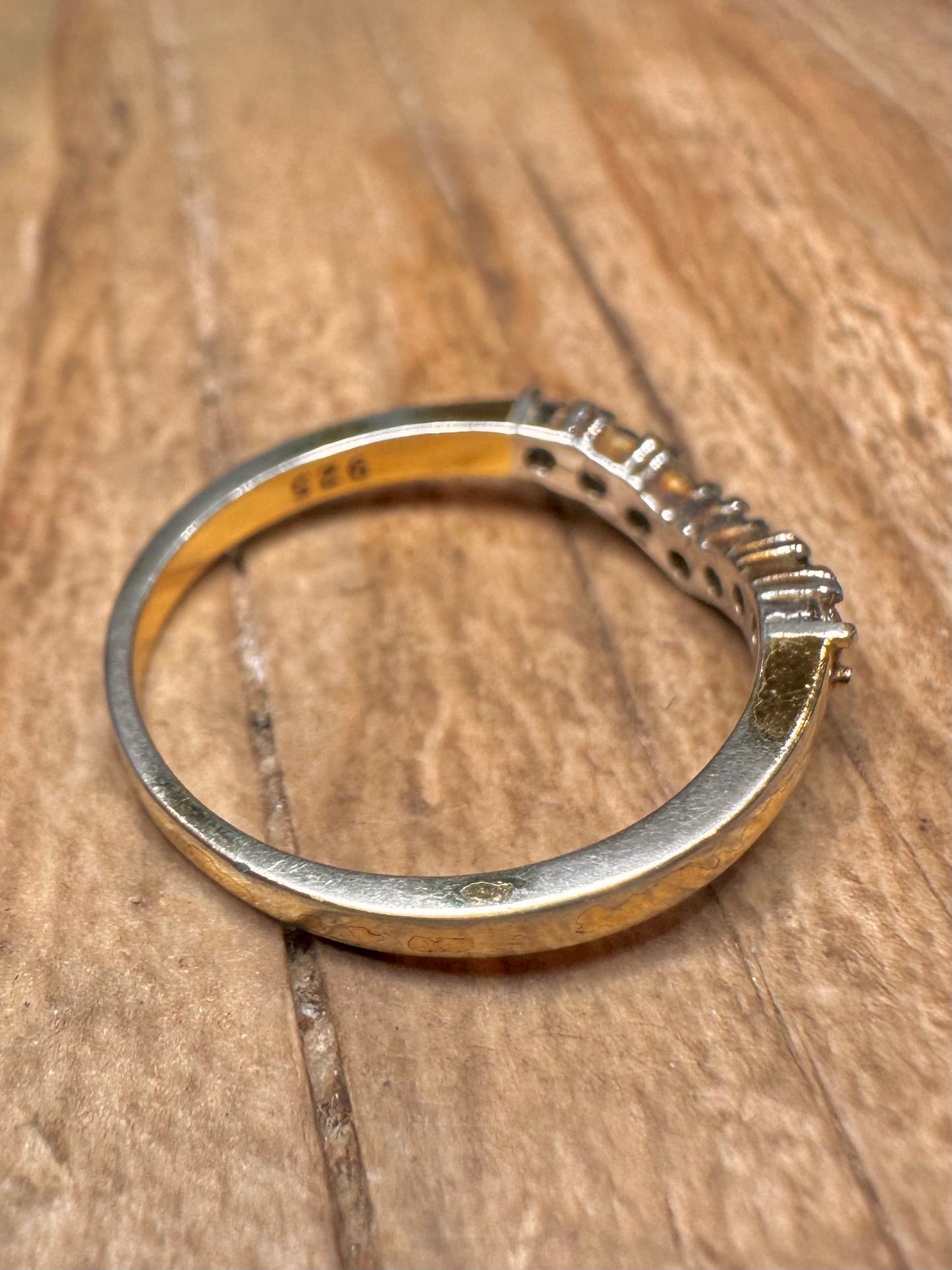 Vintage Wishbone White and Blue Stone Gold on 925 Sterling Silver Size M Ring