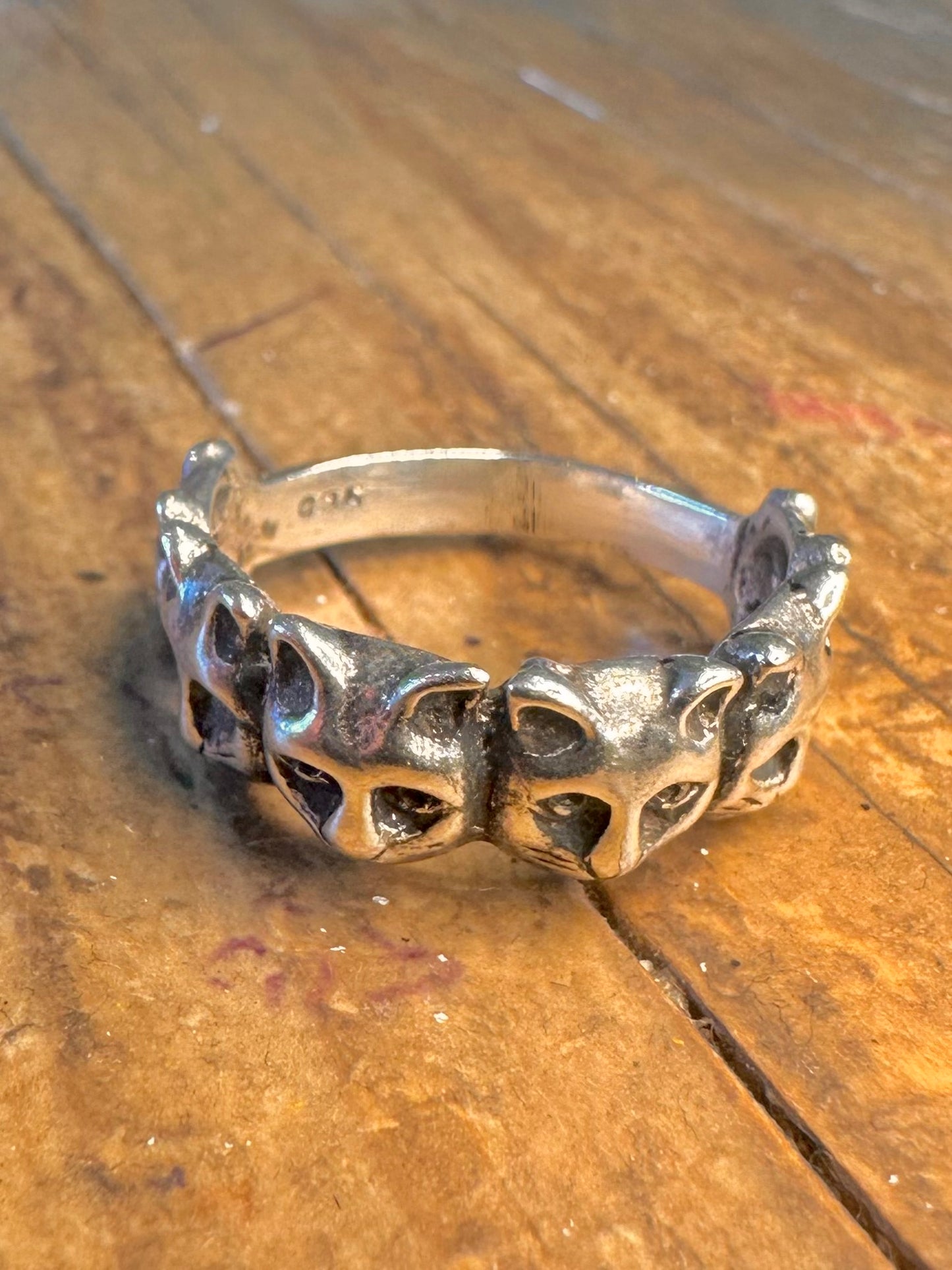 Cat Faces Repeated Band 925 Sterling Silver Size P Ring