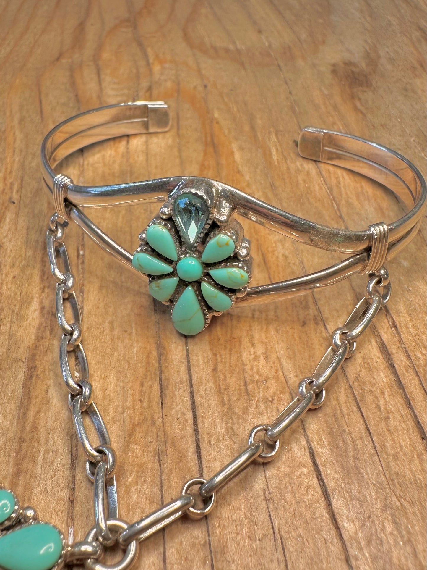 Vintage Native American Turquoise and Blue Topaz 925 Sterling Silver Adjustable Size N1/2 Ring Bracelet Bangle